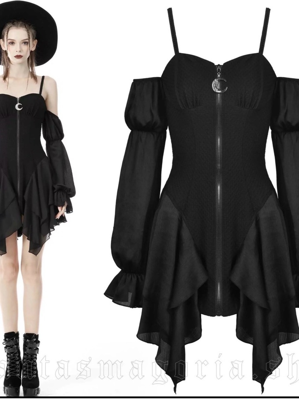 Off-Shoulder Black Gothic Zip-Front Dress by Dark in Love